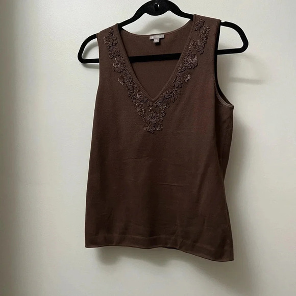 Ann Taylor brown beaded v-neck sweater silk-blend sleeveless top medium - Picture 8 of 17